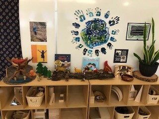 classroom display of artwork, books, and provocations